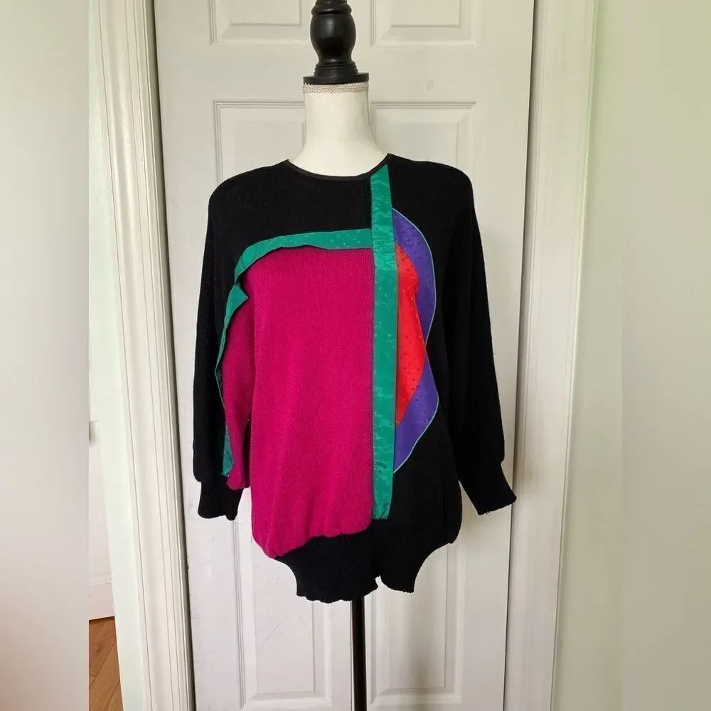 1980s Geometric Slouchy Knit Colorblock Vintage Sweater